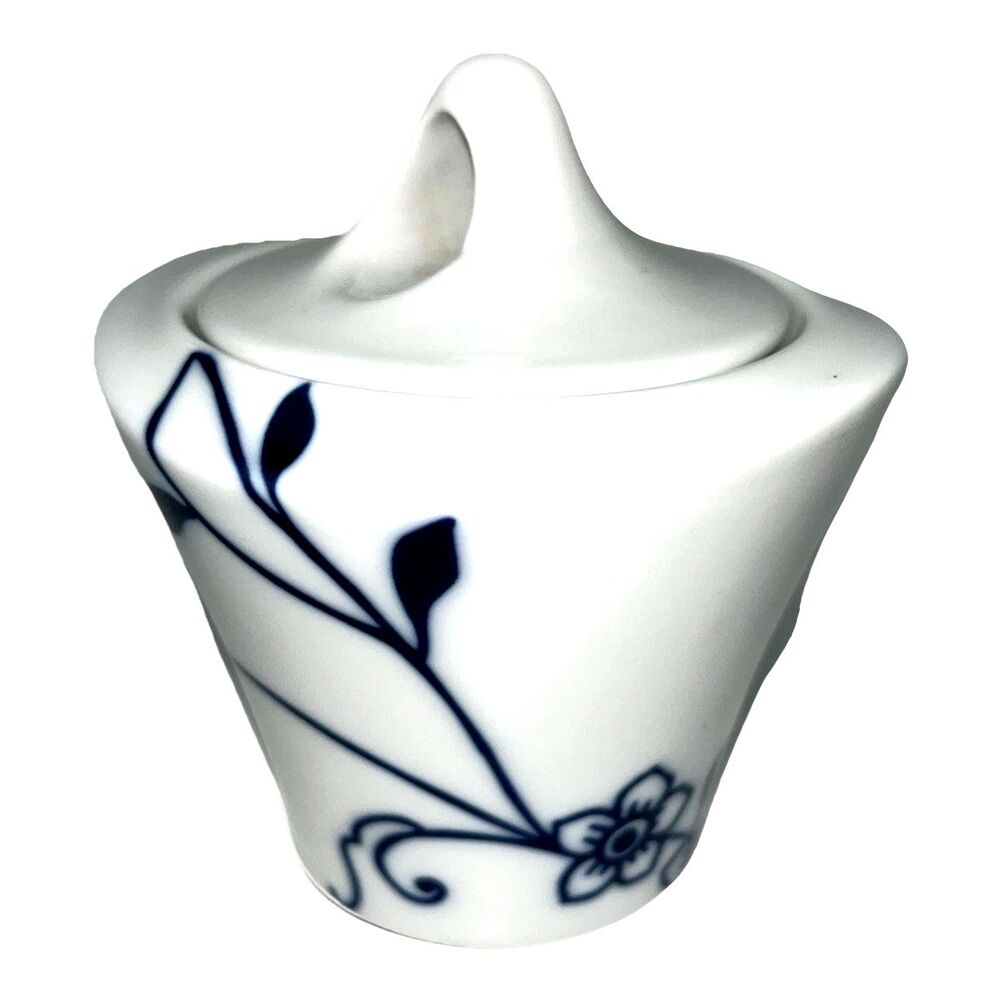 Crate & Barrel Lidded Ceramic Sugar Bowl White Blue Floral Farmhouse Decorative